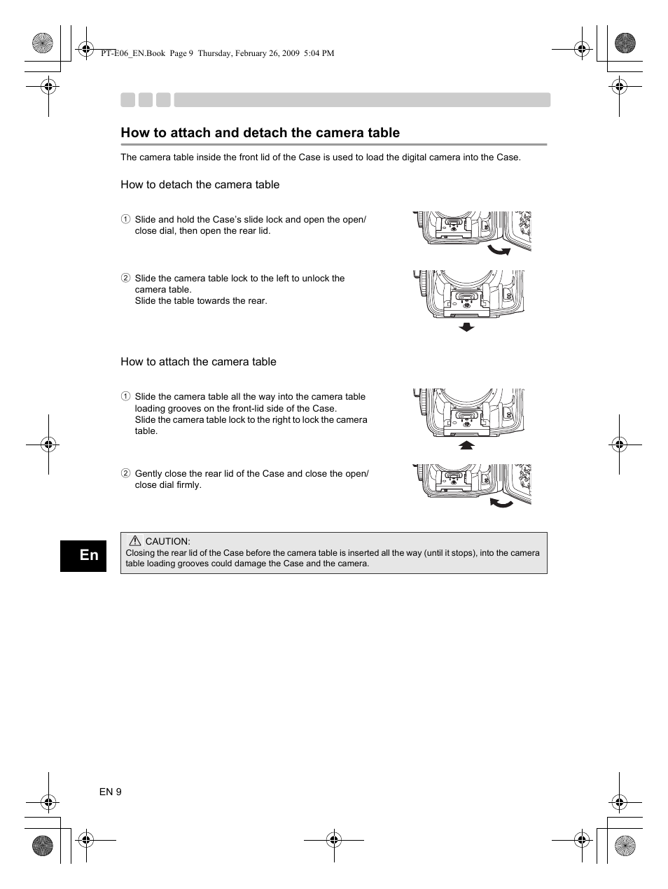 How to attach and detach the camera table | Olympus PT E06 User Manual | Page 10 / 30