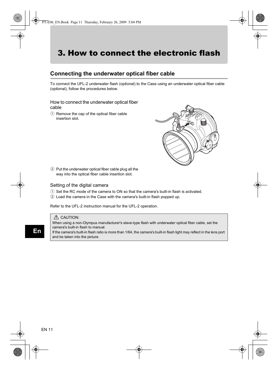 How to connect the electronic flash, Connecting the underwater optical fiber cable | Olympus PT E06 User Manual | Page 12 / 30