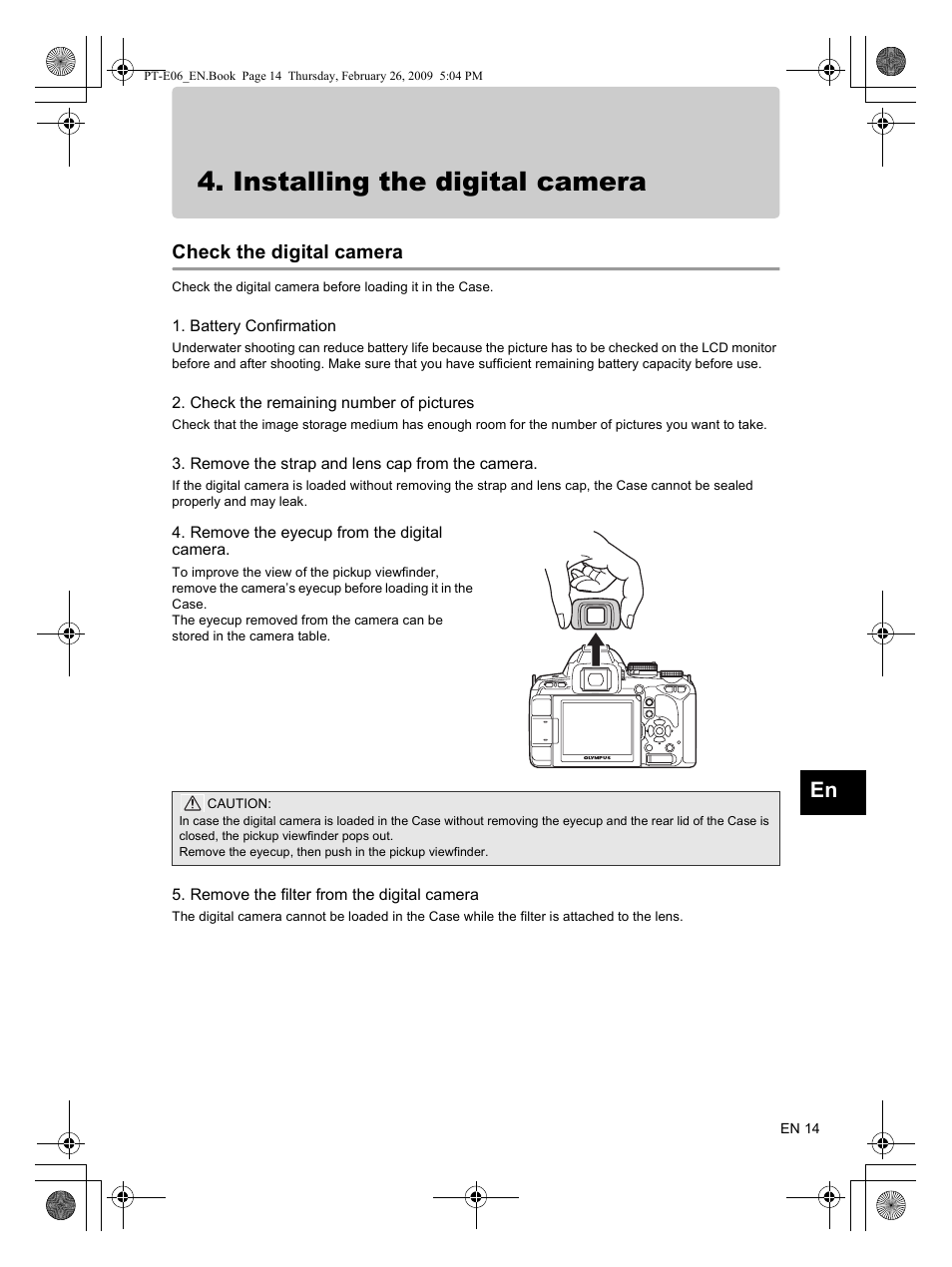 Installing the digital camera, Check the digital camera | Olympus PT E06 User Manual | Page 15 / 30