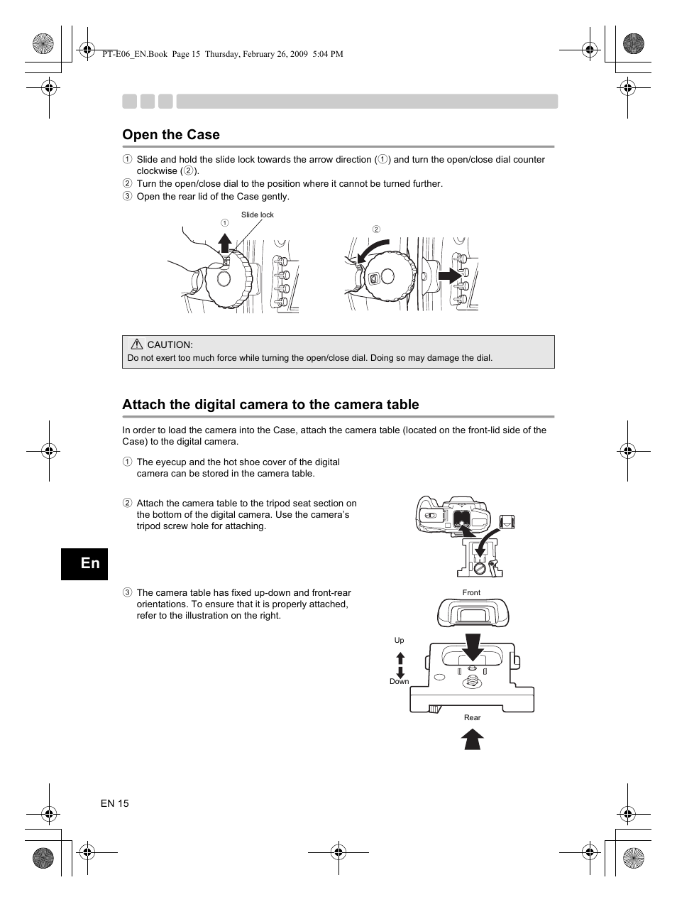 Open the case, Attach the digital camera to the camera table | Olympus PT E06 User Manual | Page 16 / 30