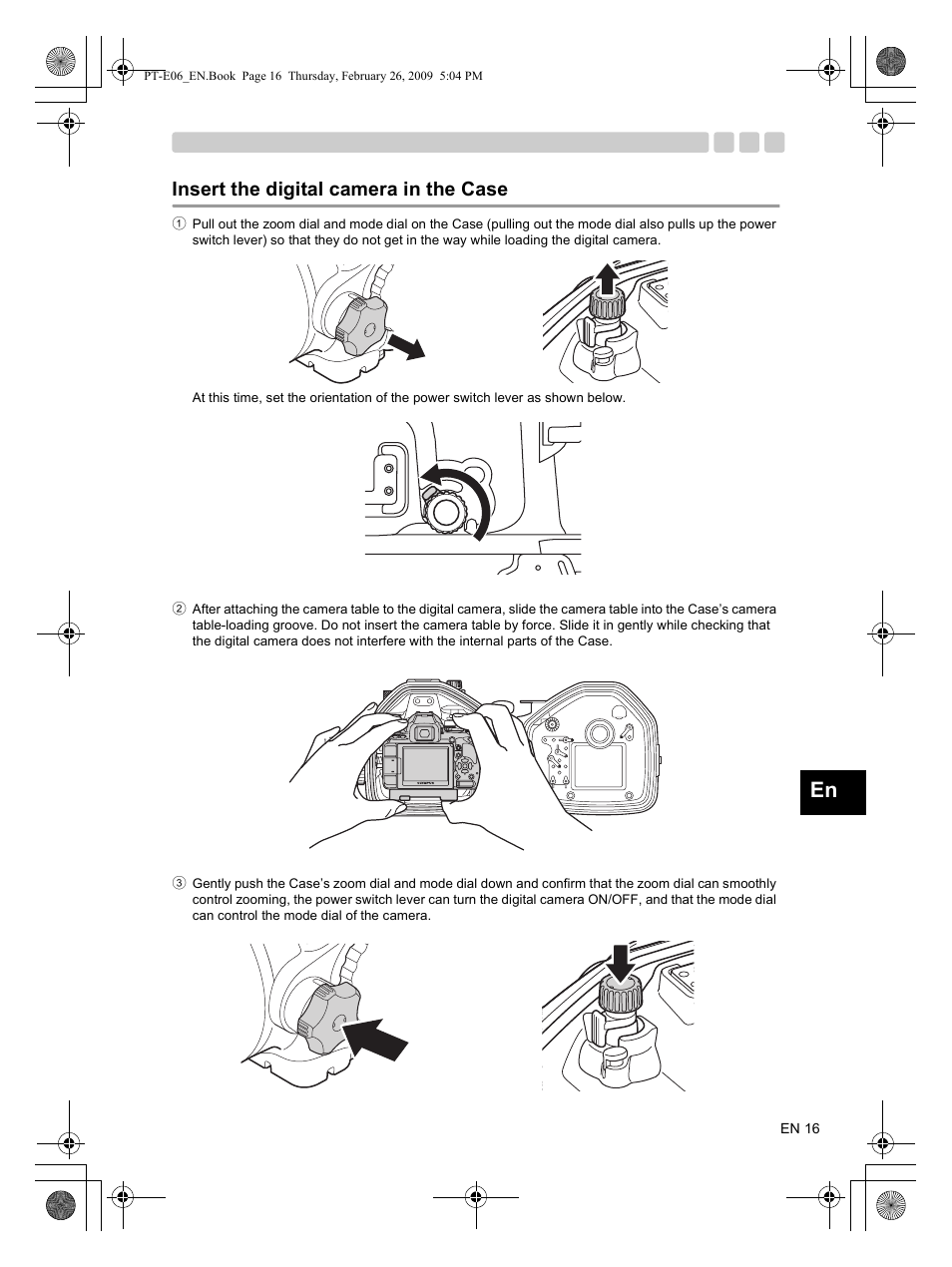 Insert the digital camera in the case | Olympus PT E06 User Manual | Page 17 / 30