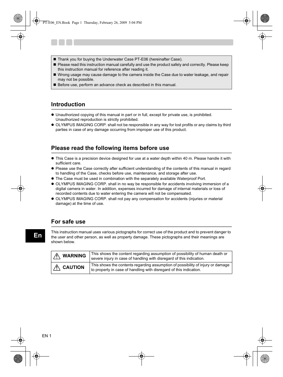 Introduction, Please read the following items before use, For safe use | Olympus PT E06 User Manual | Page 2 / 30