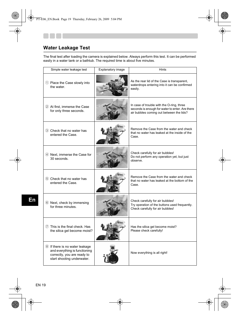 Water leakage test | Olympus PT E06 User Manual | Page 20 / 30