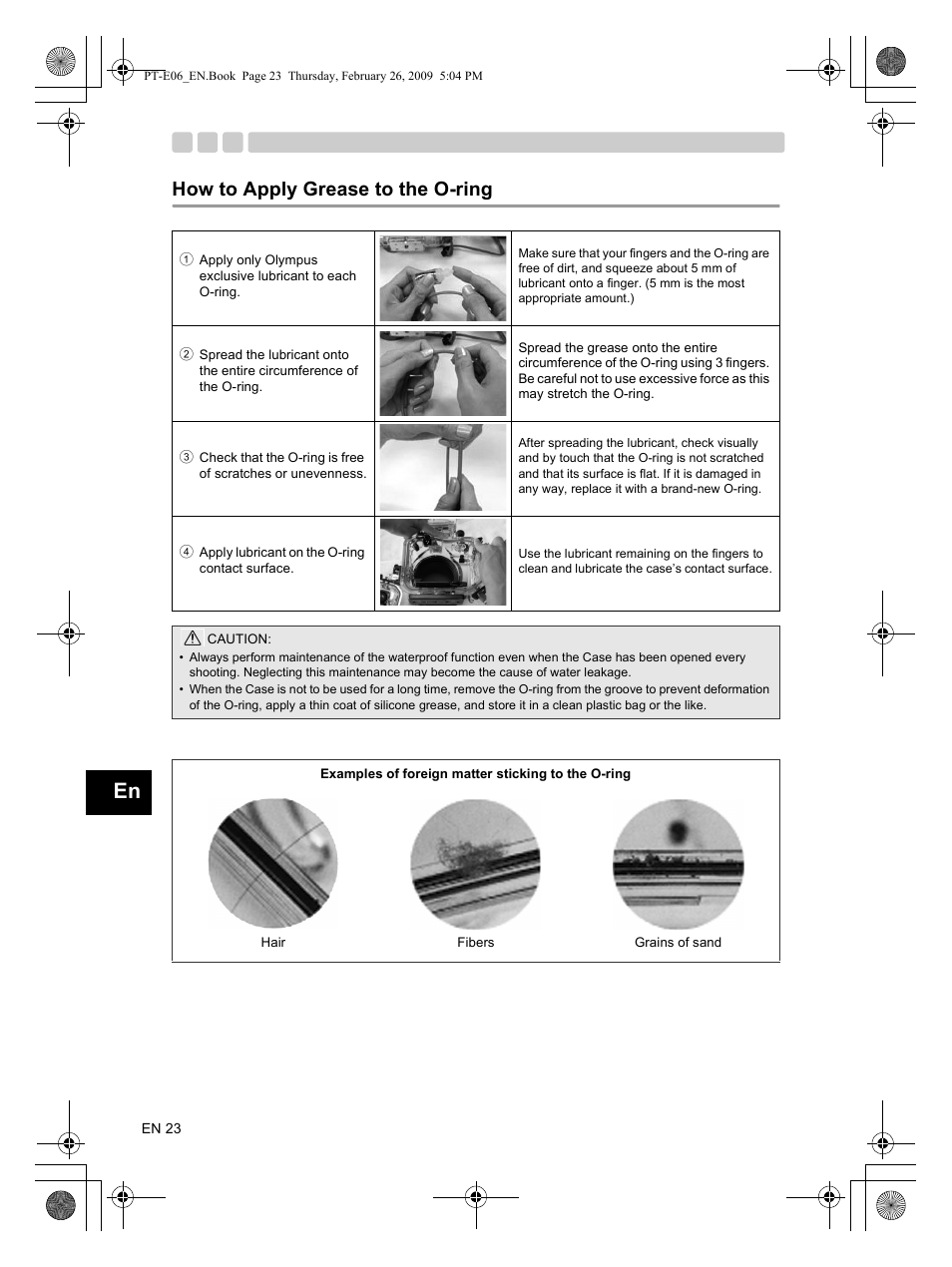 How to apply grease to the o-ring | Olympus PT E06 User Manual | Page 24 / 30