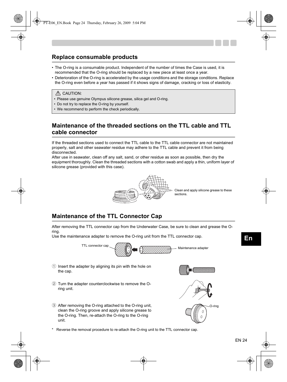 Replace consumable products, Maintenance of the ttl connector cap | Olympus PT E06 User Manual | Page 25 / 30