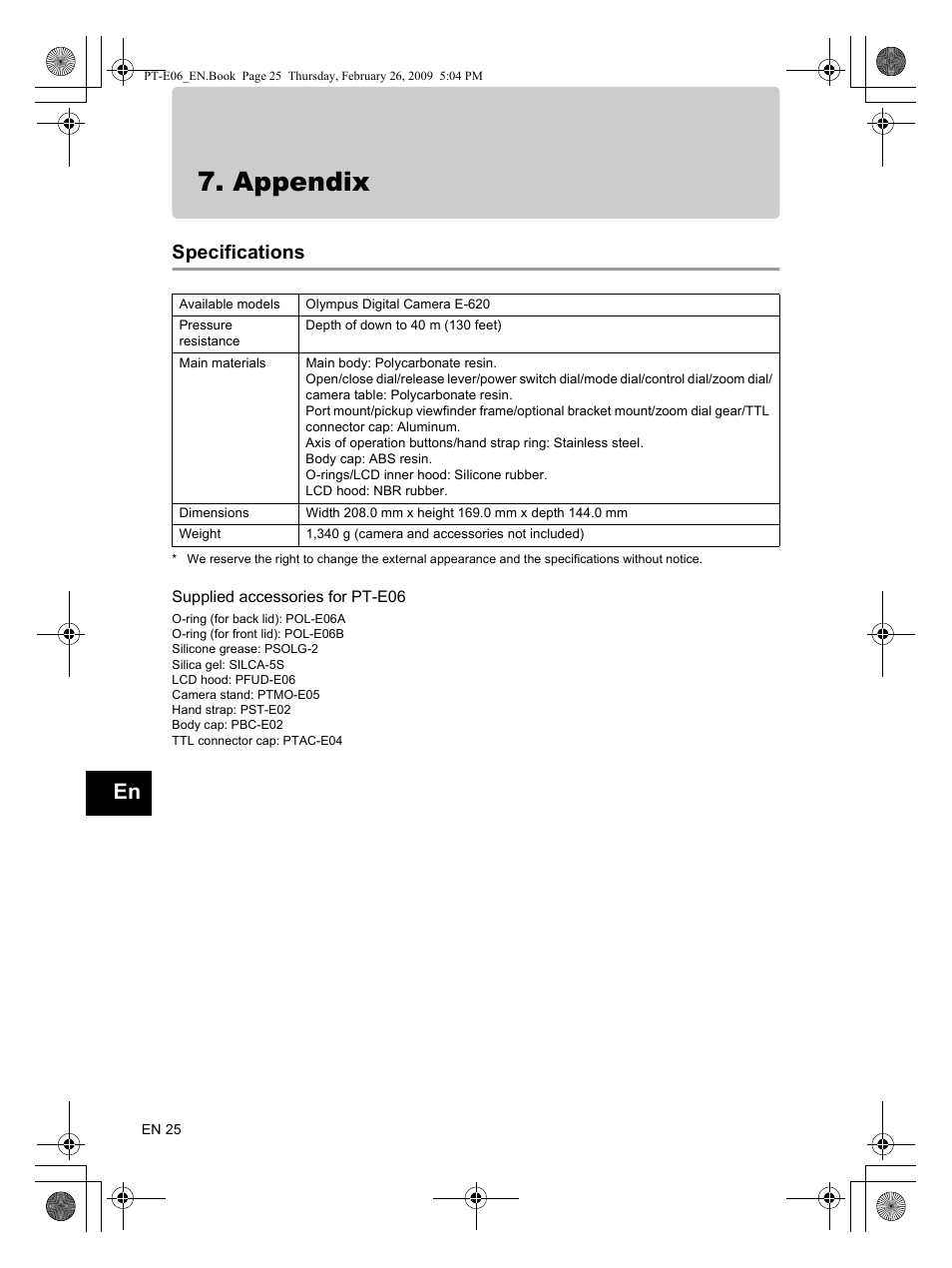 Appendix, Specifications | Olympus PT E06 User Manual | Page 26 / 30