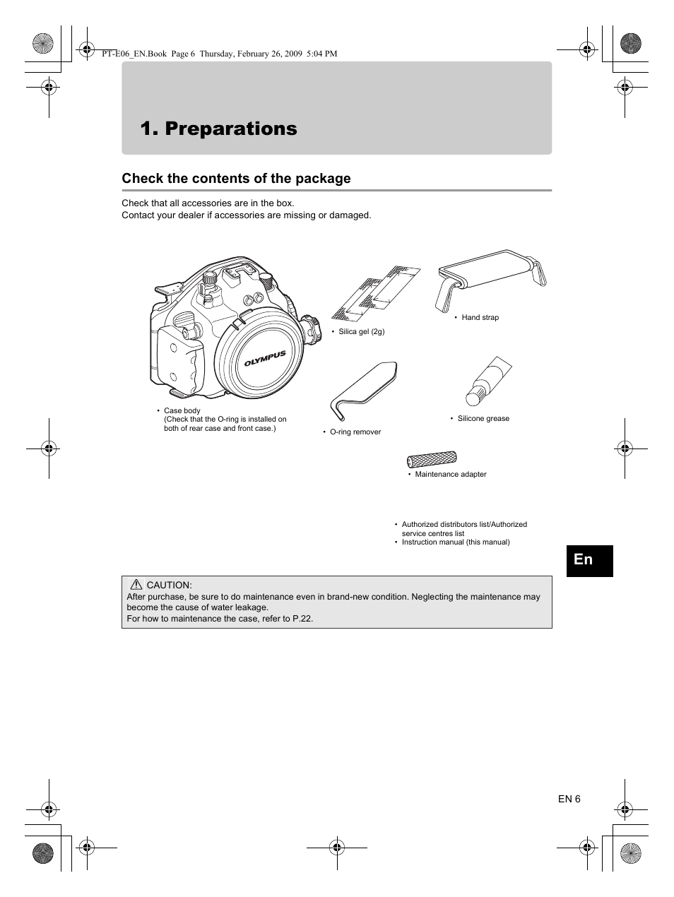 Preparations, Check the contents of the package | Olympus PT E06 User Manual | Page 7 / 30