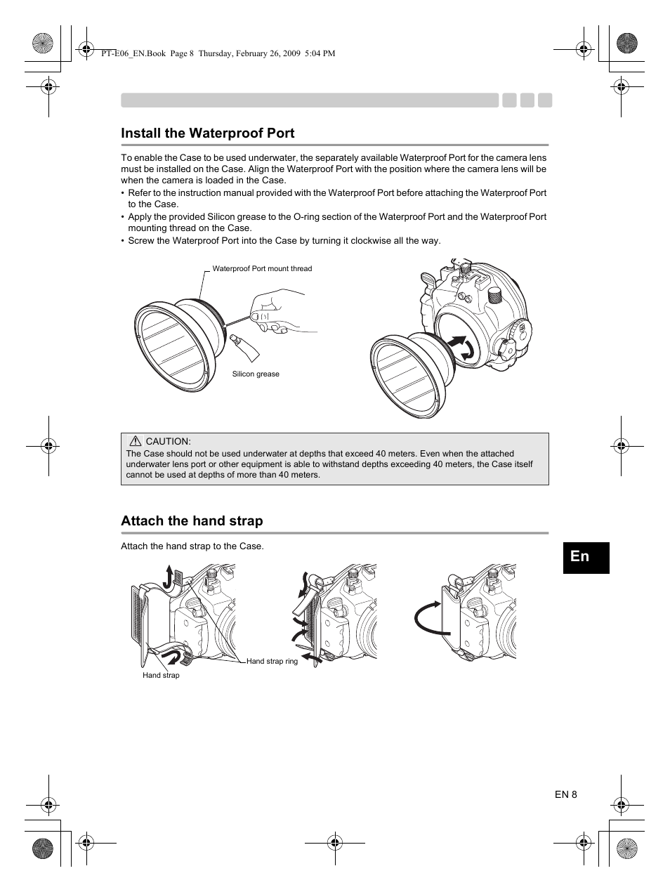 Install the waterproof port, Attach the hand strap | Olympus PT E06 User Manual | Page 9 / 30