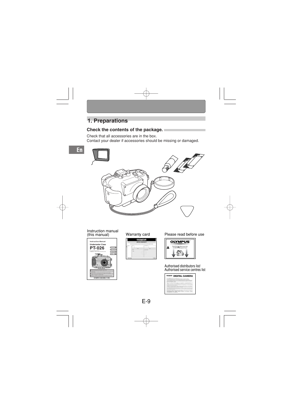 E-9 1. preparations, Check the contents of the package, Pt-026 | Olympus PT-026 User Manual | Page 10 / 164