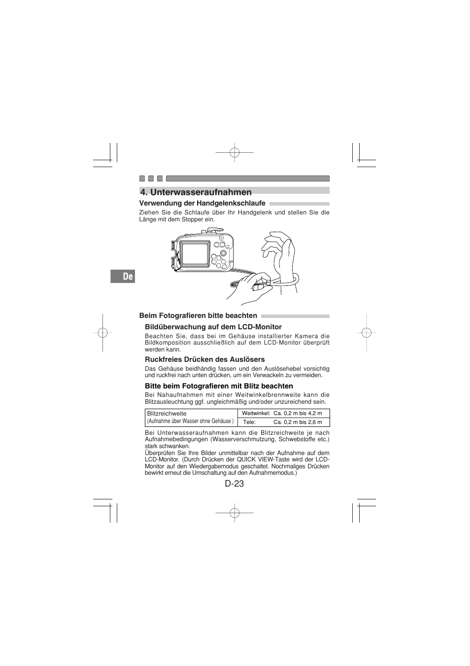 D-23, Unterwasseraufnahmen | Olympus PT-026 User Manual | Page 104 / 164