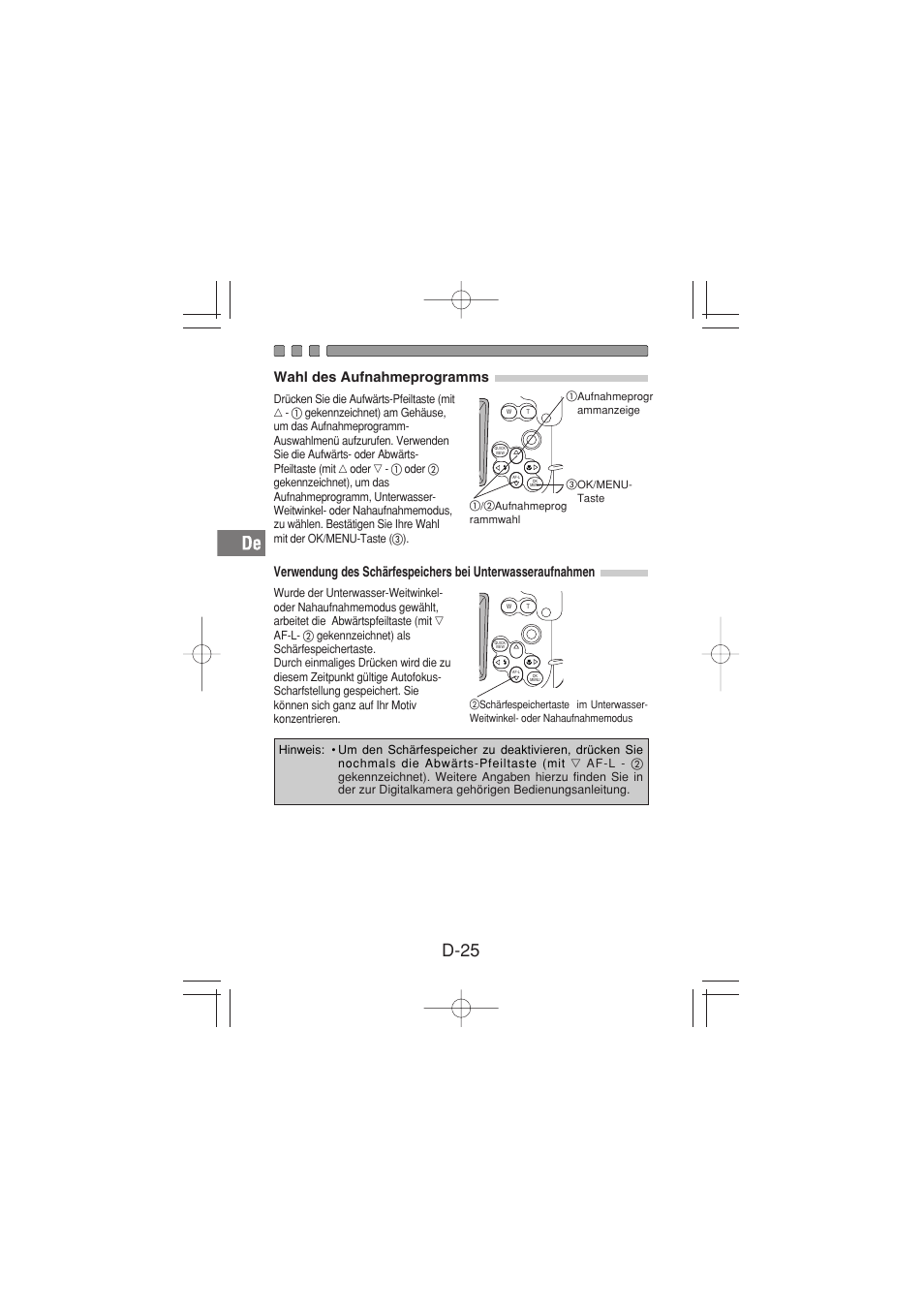 D-25, Wahl des aufnahmeprogramms | Olympus PT-026 User Manual | Page 106 / 164