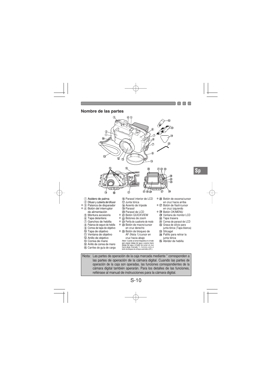 S-10, Nombre de las partes | Olympus PT-026 User Manual | Page 131 / 164