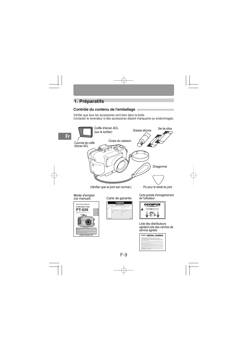 F-9 1. préparatifs, Contrôle du contenu de l'emballage, Pt-026 | Olympus PT-026 User Manual | Page 50 / 164