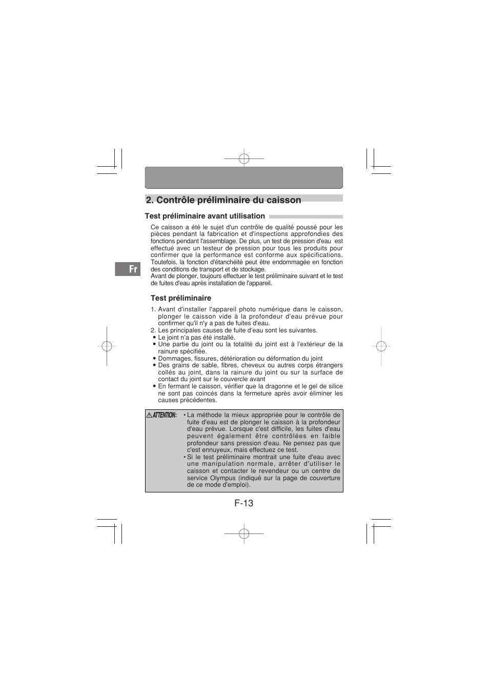 F-13, Contrôle préliminaire du caisson | Olympus PT-026 User Manual | Page 54 / 164