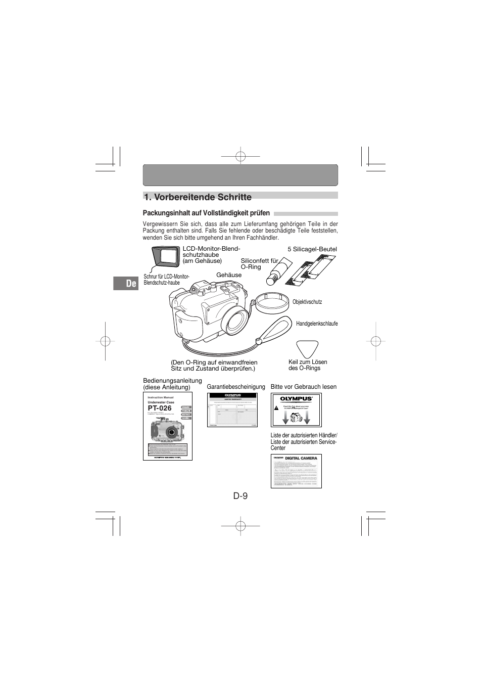 D-9 1. vorbereitende schritte, Packungsinhalt auf vollständigkeit prüfen, Pt-026 | Olympus PT-026 User Manual | Page 90 / 164