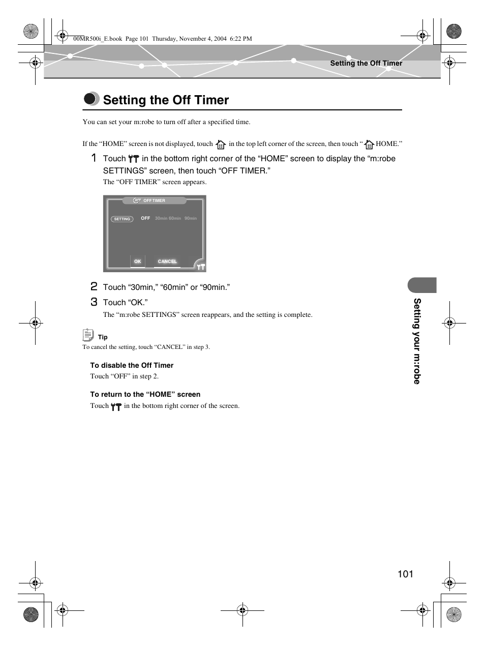 Setting the off timer | Olympus MR-500i User Manual | Page 101 / 117