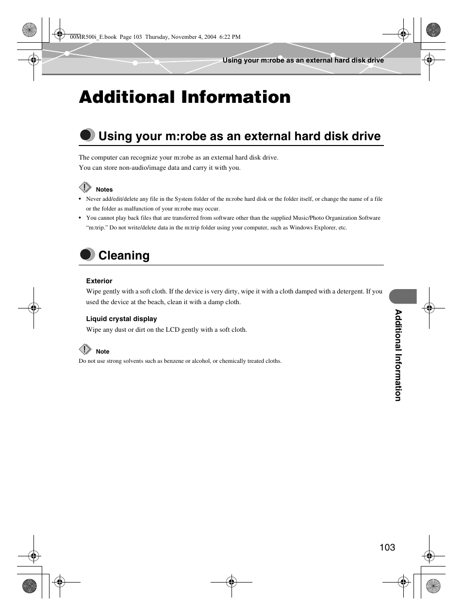 Additional information, Using your m:robe as an external hard disk drive, Cleaning | Olympus MR-500i User Manual | Page 103 / 117