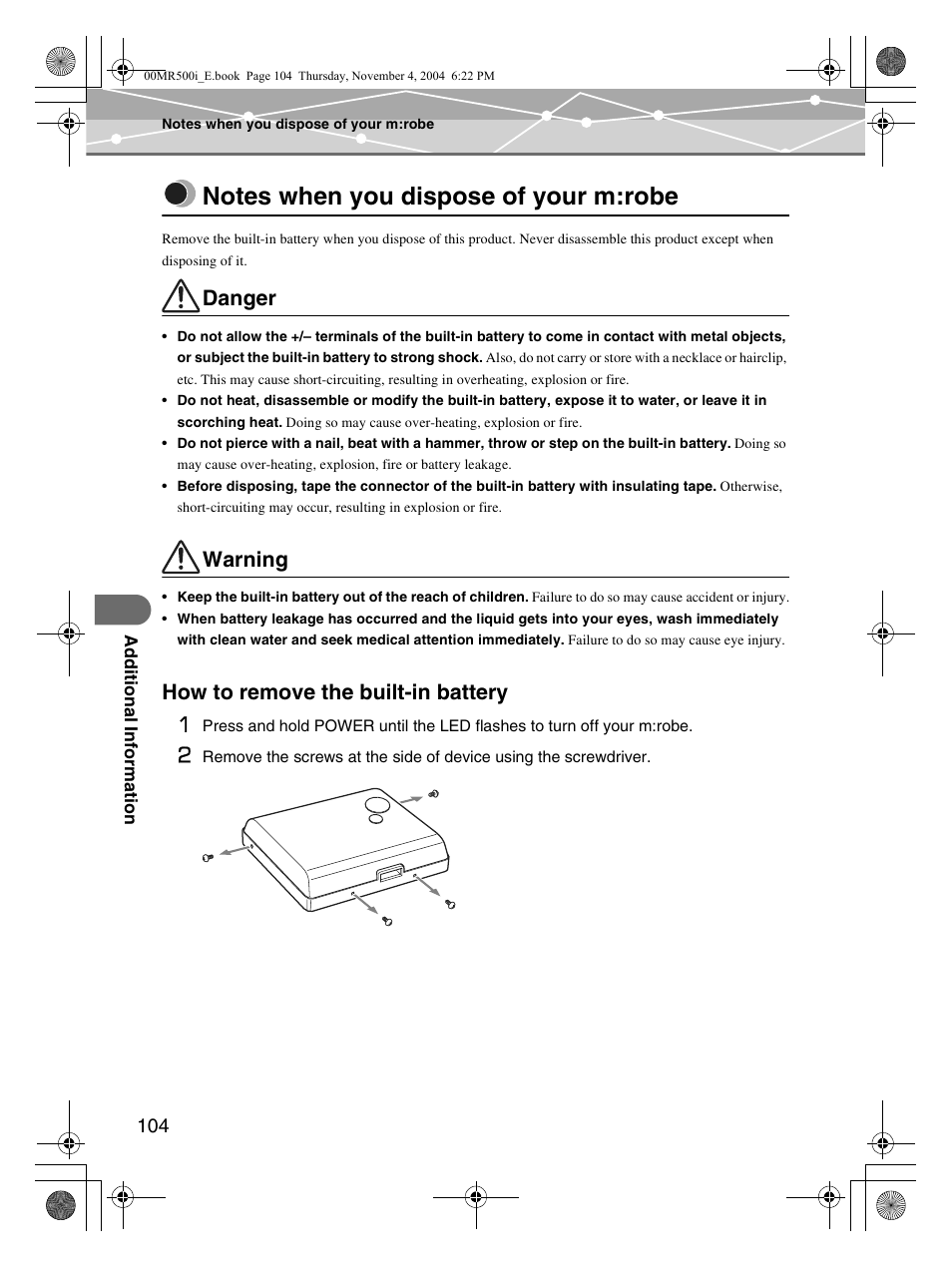 Notes when you dispose of your m:robe, How to remove the built-in battery, Warning | How to remove the built-in battery 1, Danger | Olympus MR-500i User Manual | Page 104 / 117