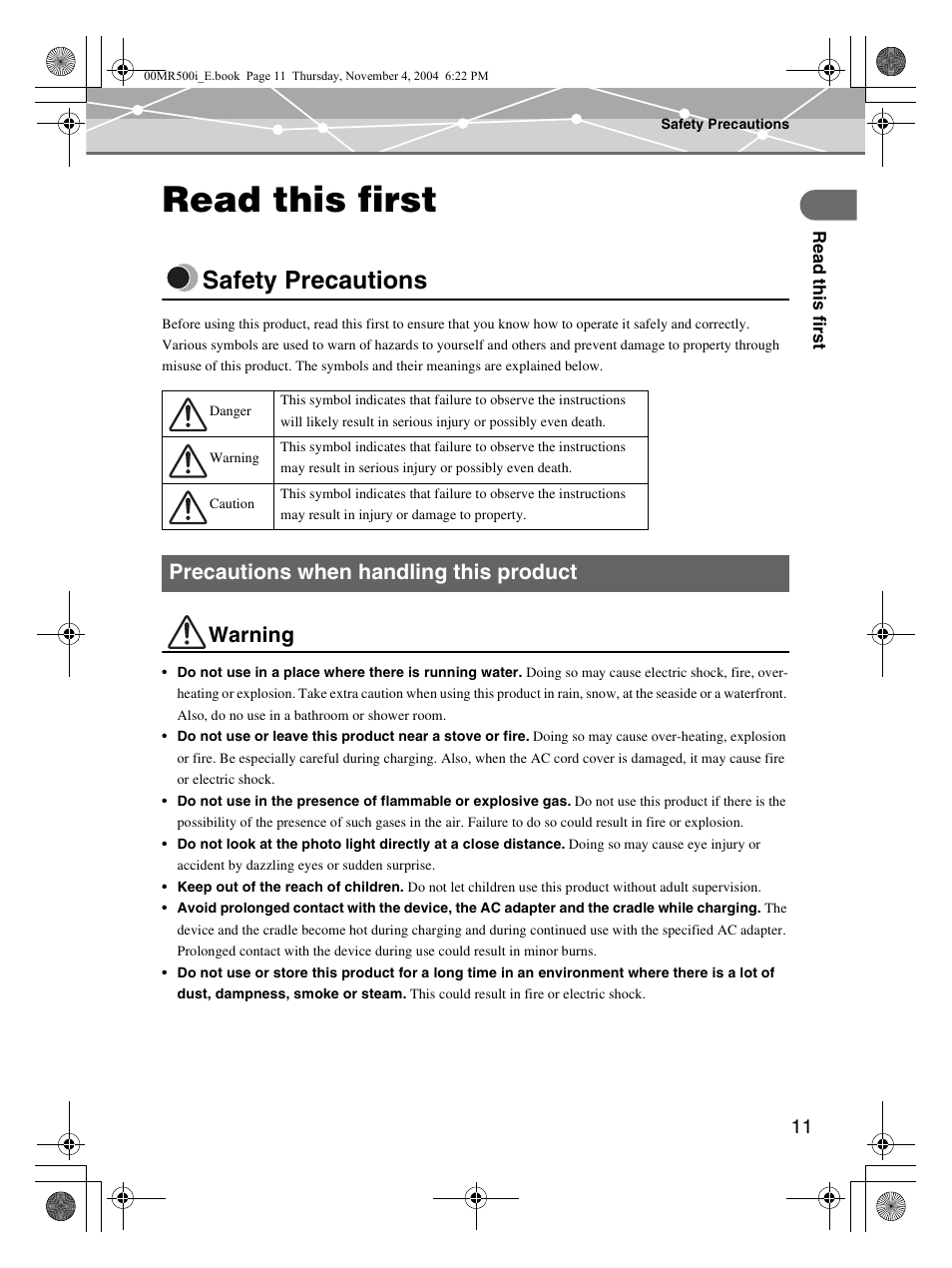 Read this first, Safety precautions, Warning | Precautions when handling this product | Olympus MR-500i User Manual | Page 11 / 117