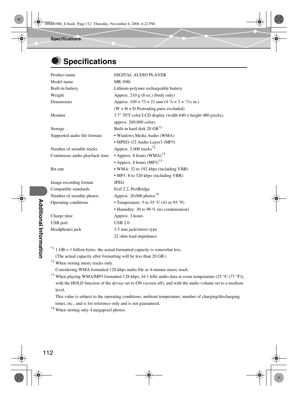 Specifications | Olympus MR-500i User Manual | Page 112 / 117