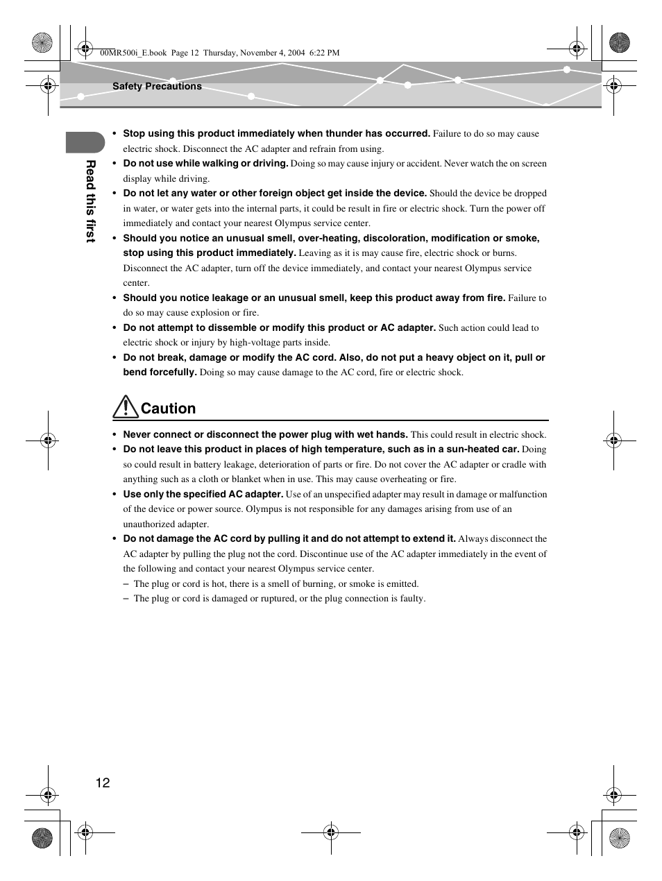 Caution | Olympus MR-500i User Manual | Page 12 / 117