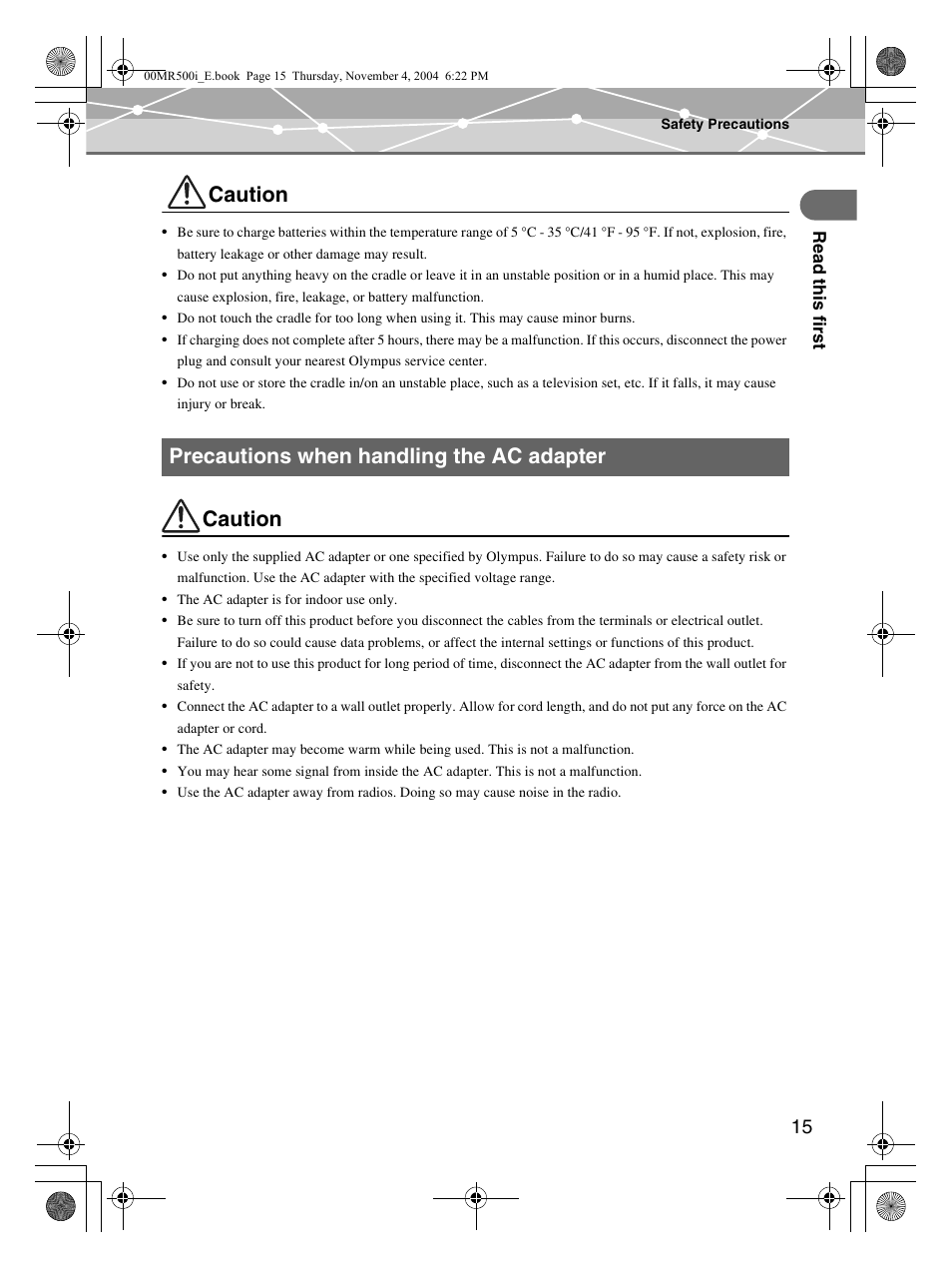 Caution, Precautions when handling the ac adapter | Olympus MR-500i User Manual | Page 15 / 117