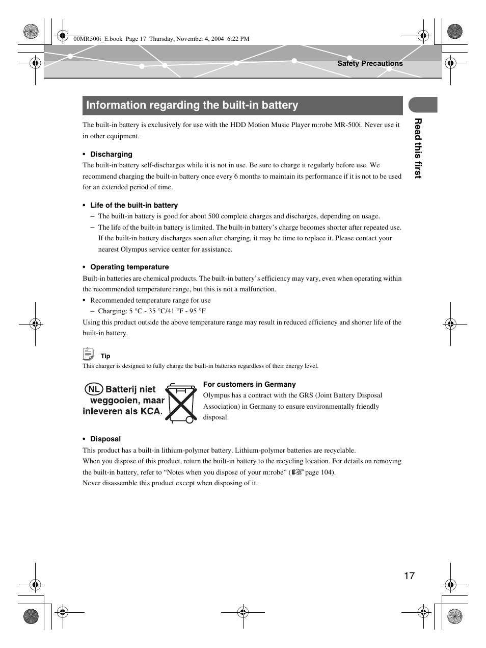 Information regarding the built-in battery | Olympus MR-500i User Manual | Page 17 / 117