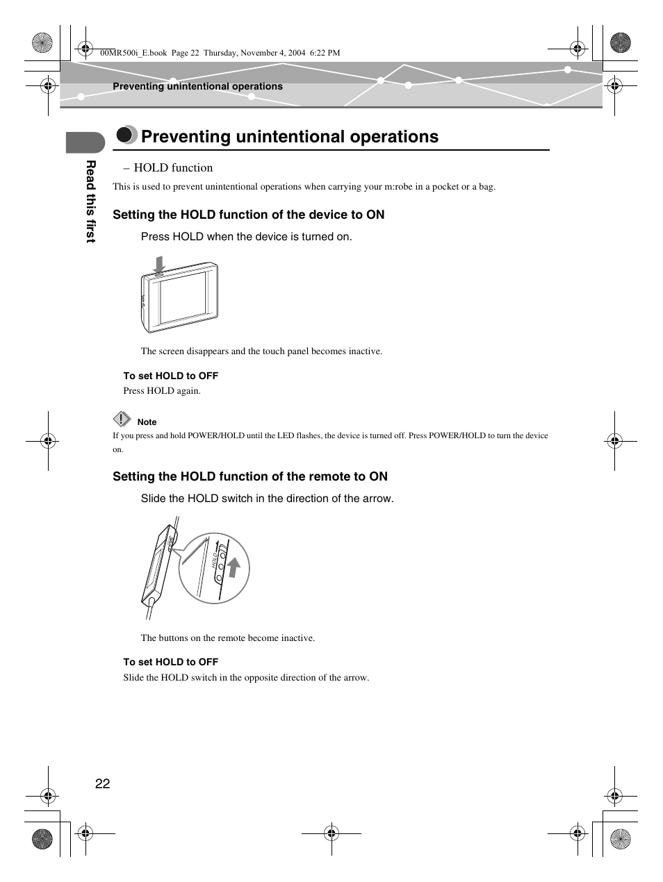 Preventing unintentional operations | Olympus MR-500i User Manual | Page 22 / 117