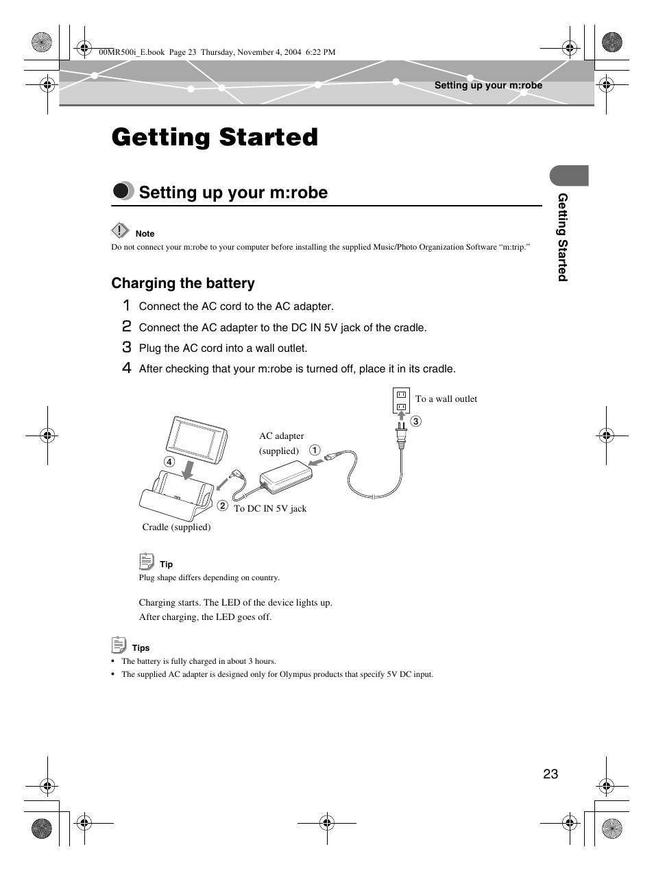 Getting started, Setting up your m:robe, Charging the battery | Charging the battery 1 | Olympus MR-500i User Manual | Page 23 / 117