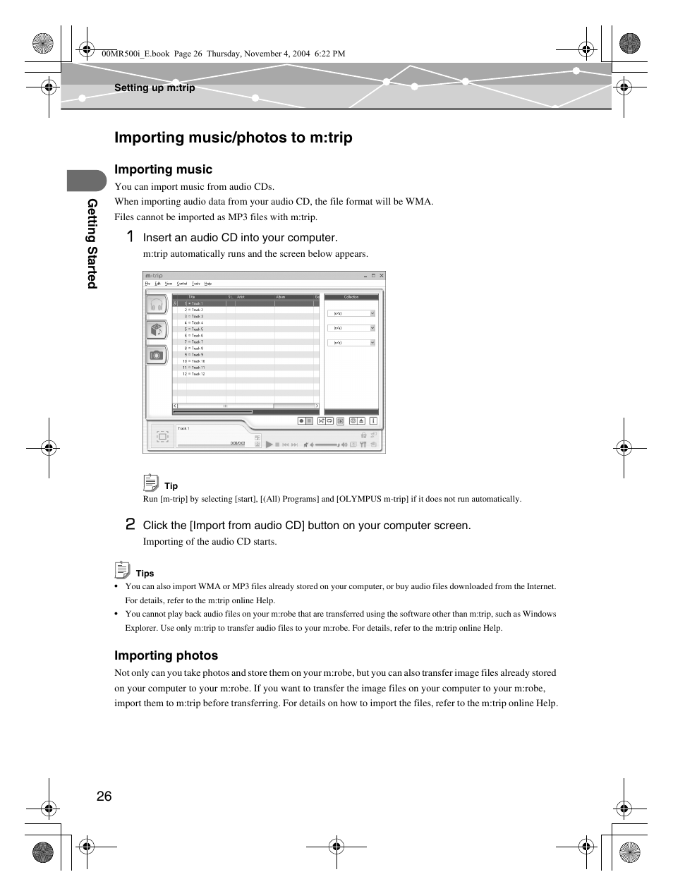 Importing music/photos to m:trip | Olympus MR-500i User Manual | Page 26 / 117