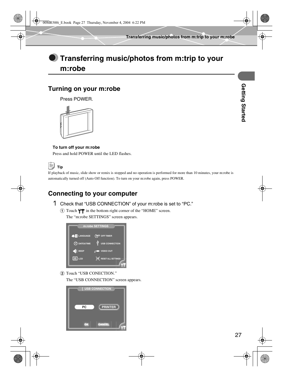 Turning on your m:robe, Connecting to your computer, Connecting to your computer 1 | Ge tting st a rte d | Olympus MR-500i User Manual | Page 27 / 117