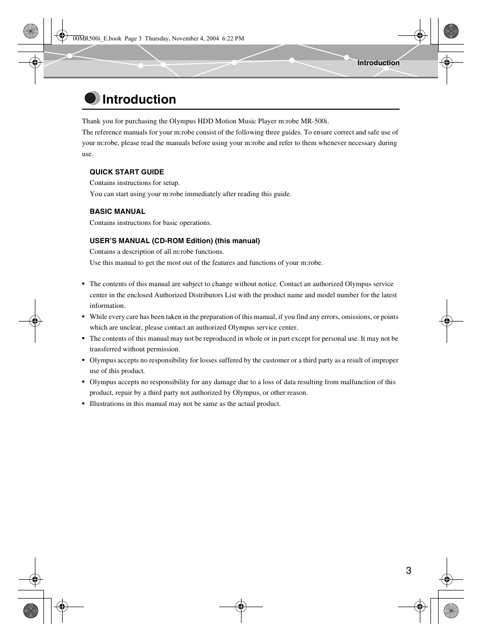 Introduction | Olympus MR-500i User Manual | Page 3 / 117