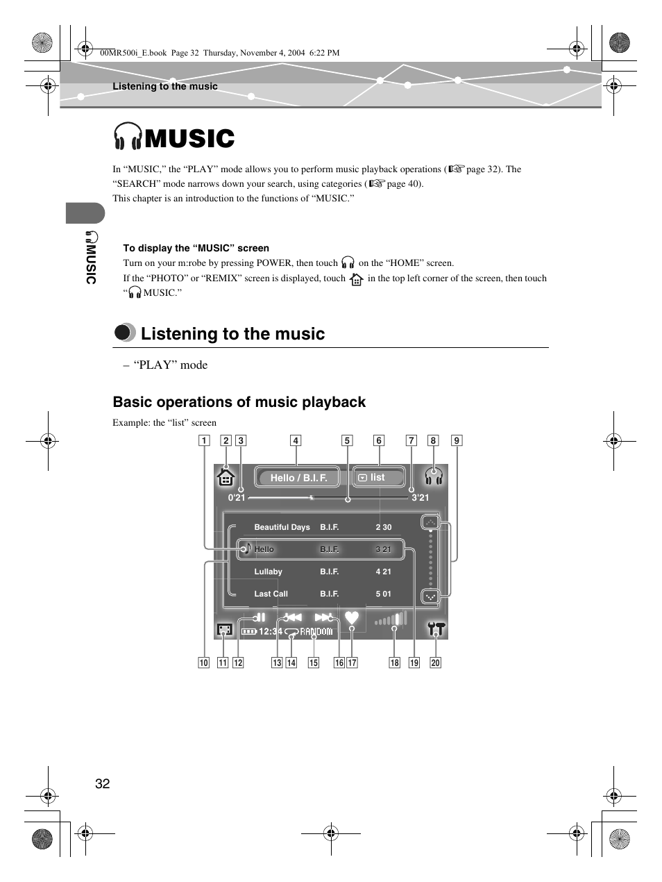 Music, Listening to the music, Basic operations of music playback | Olympus MR-500i User Manual | Page 32 / 117