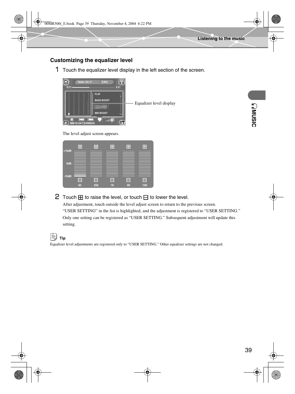 Mu s ic, Customizing the equalizer level | Olympus MR-500i User Manual | Page 39 / 117