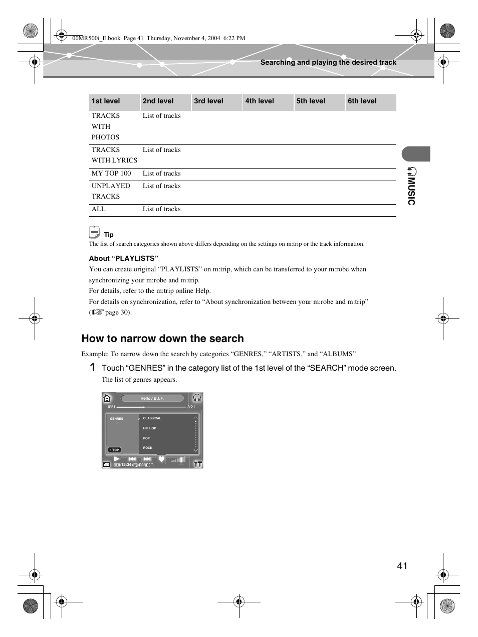 How to narrow down the search, Mu s ic | Olympus MR-500i User Manual | Page 41 / 117