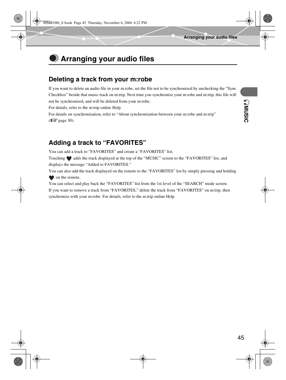 Arranging your audio files, Deleting a track from your m:robe, Adding a track to “favorites | Olympus MR-500i User Manual | Page 45 / 117