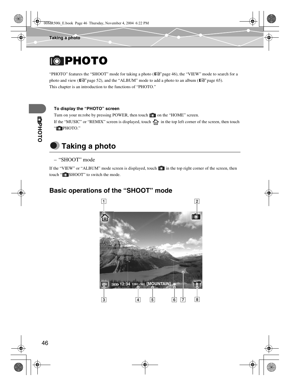 Photo, Taking a photo, Basic operations of the “shoot” mode | Olympus MR-500i User Manual | Page 46 / 117