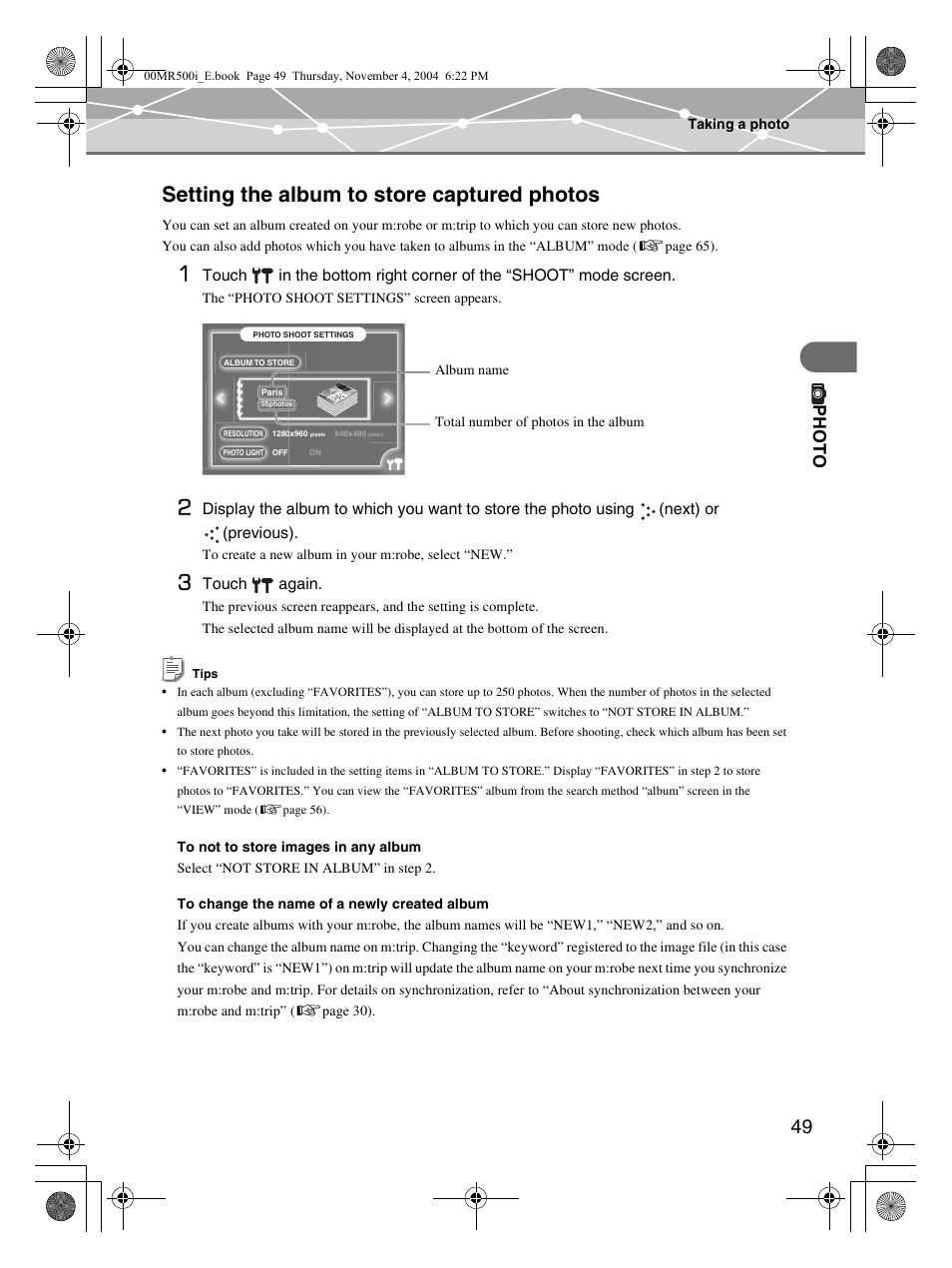 Setting the album to store captured photos, Ph oto | Olympus MR-500i User Manual | Page 49 / 117