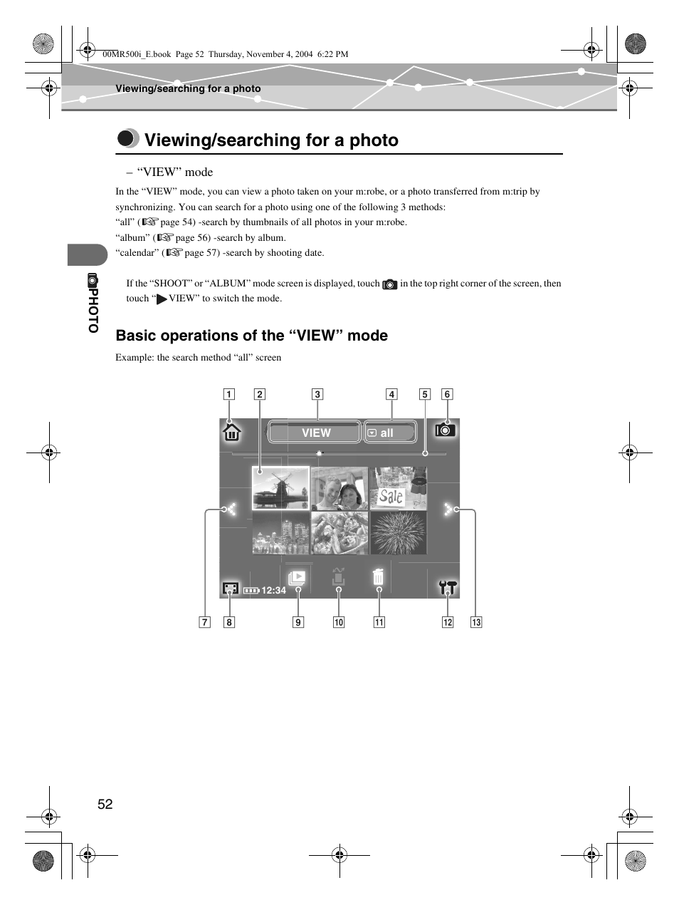 Viewing/searching for a photo, Basic operations of the “view” mode | Olympus MR-500i User Manual | Page 52 / 117