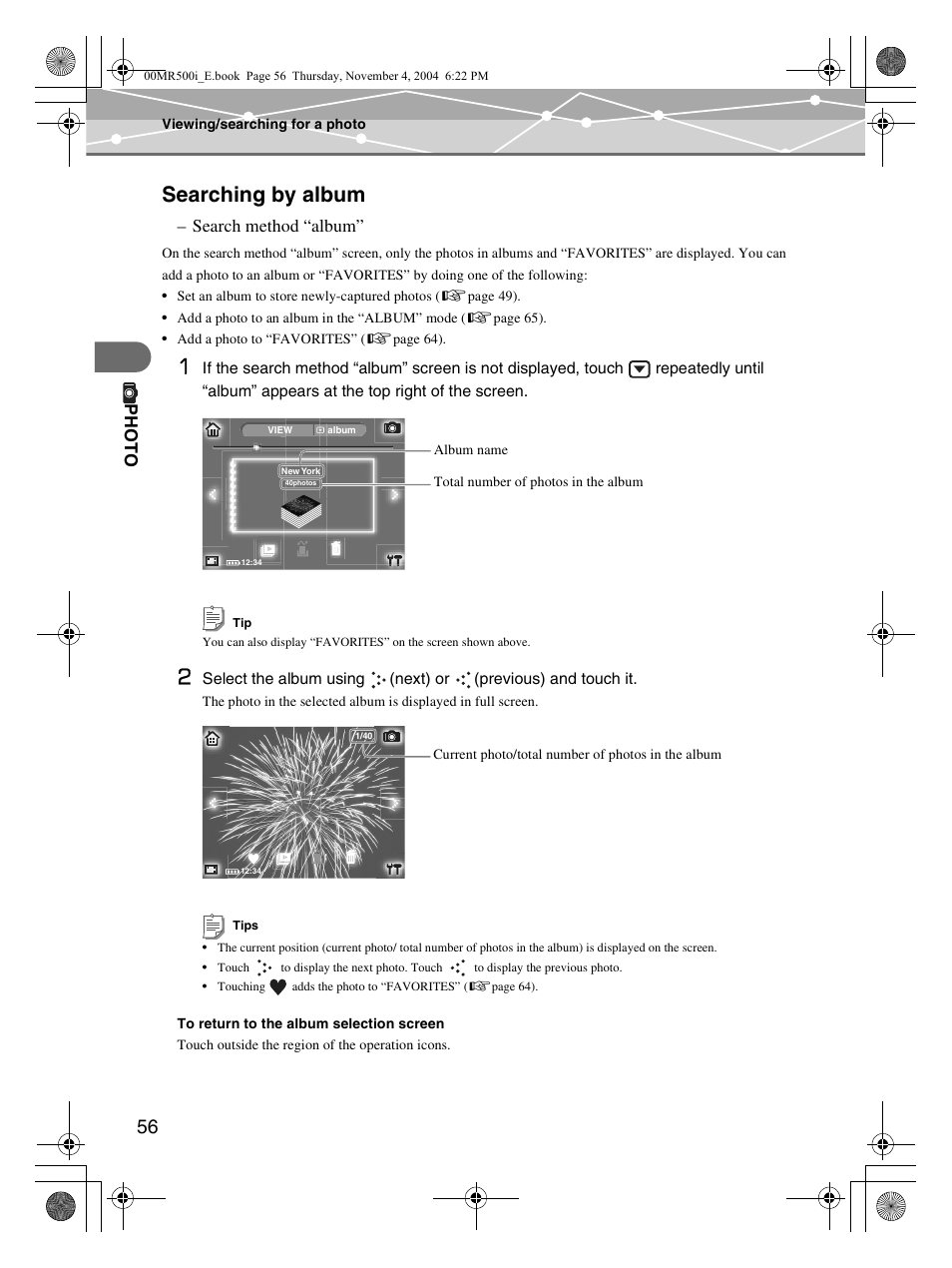 Searching by album, Ph oto, Search method “album | Olympus MR-500i User Manual | Page 56 / 117