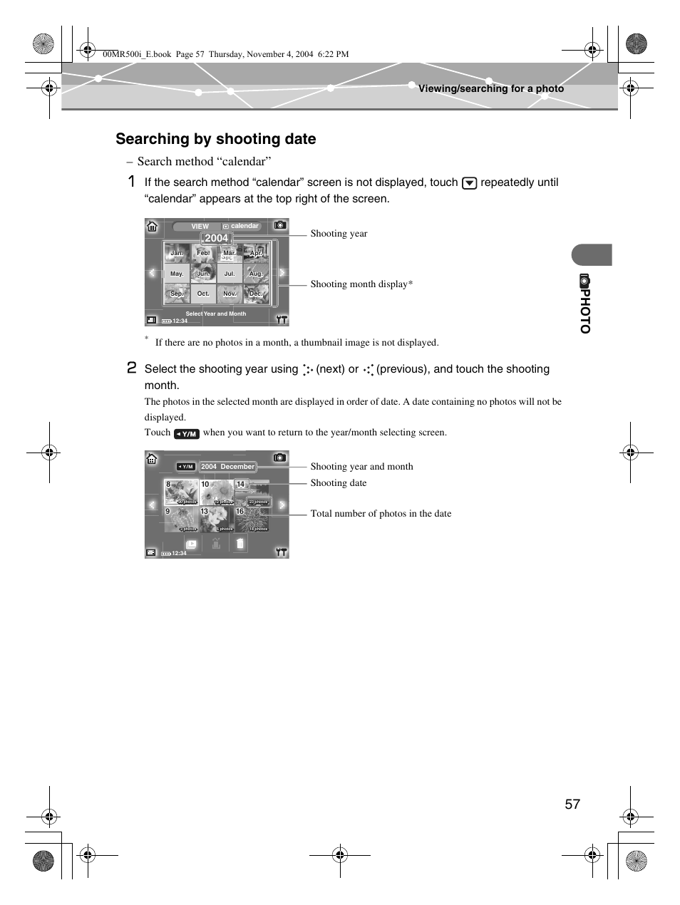 Searching by shooting date, Ph oto, Search method “calendar | Viewing/searching for a photo, Shooting year shooting month display, Total number of photos in the date | Olympus MR-500i User Manual | Page 57 / 117