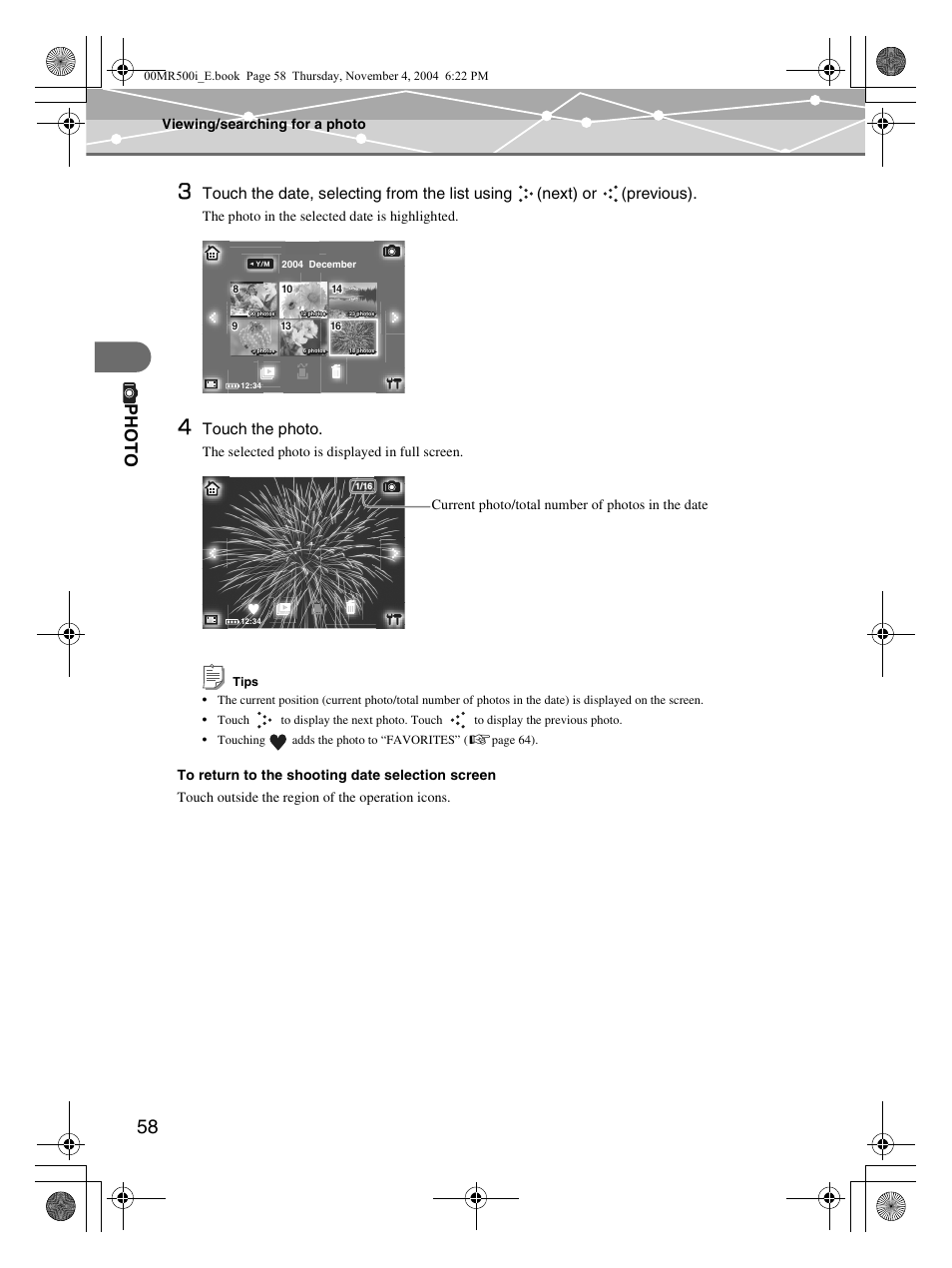 Ph oto, Touch the photo, Viewing/searching for a photo | The photo in the selected date is highlighted, Current photo/total number of photos in the date | Olympus MR-500i User Manual | Page 58 / 117