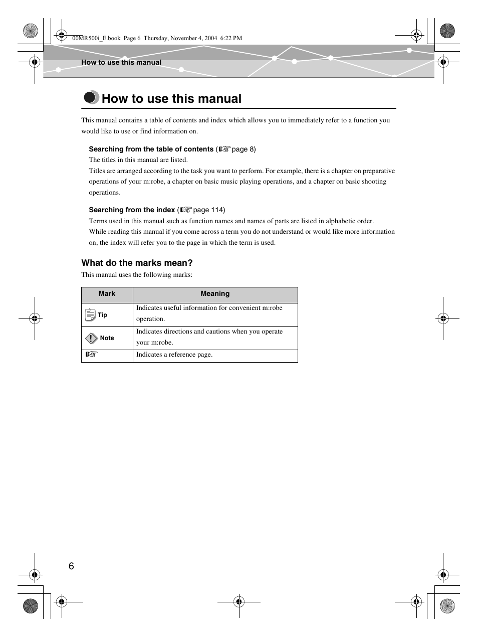 How to use this manual | Olympus MR-500i User Manual | Page 6 / 117