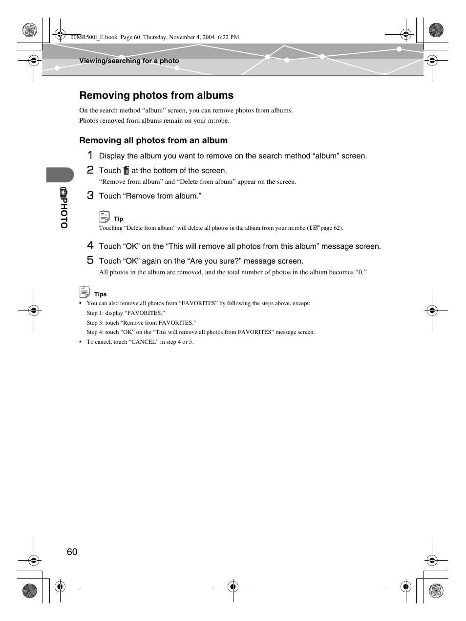 Removing photos from albums | Olympus MR-500i User Manual | Page 60 / 117