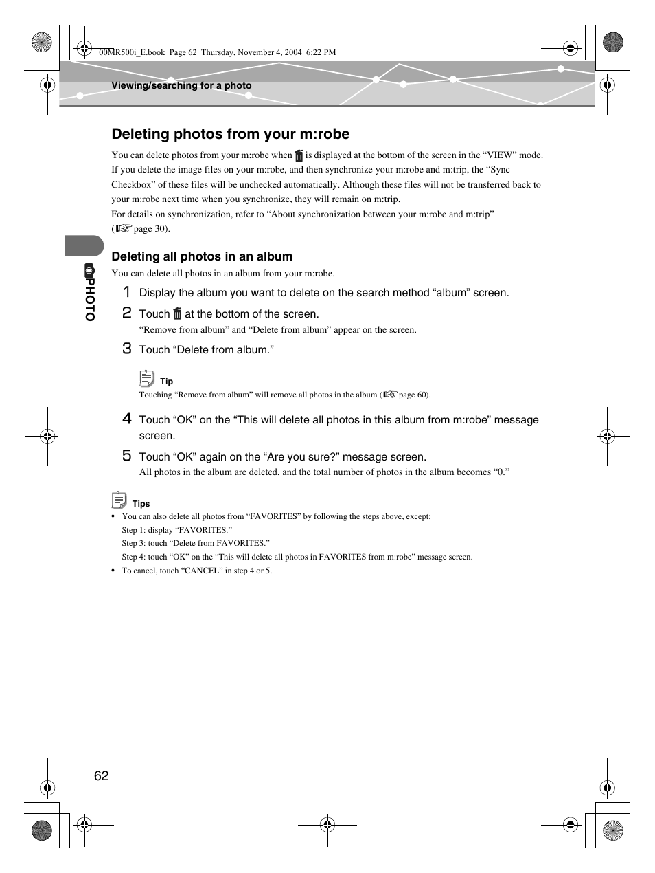 Deleting photos from your m:robe | Olympus MR-500i User Manual | Page 62 / 117