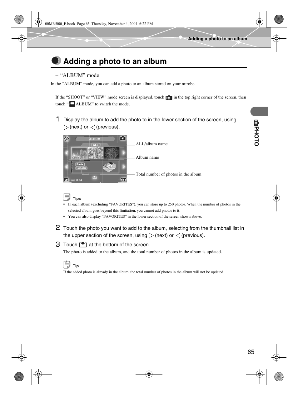 Adding a photo to an album | Olympus MR-500i User Manual | Page 65 / 117