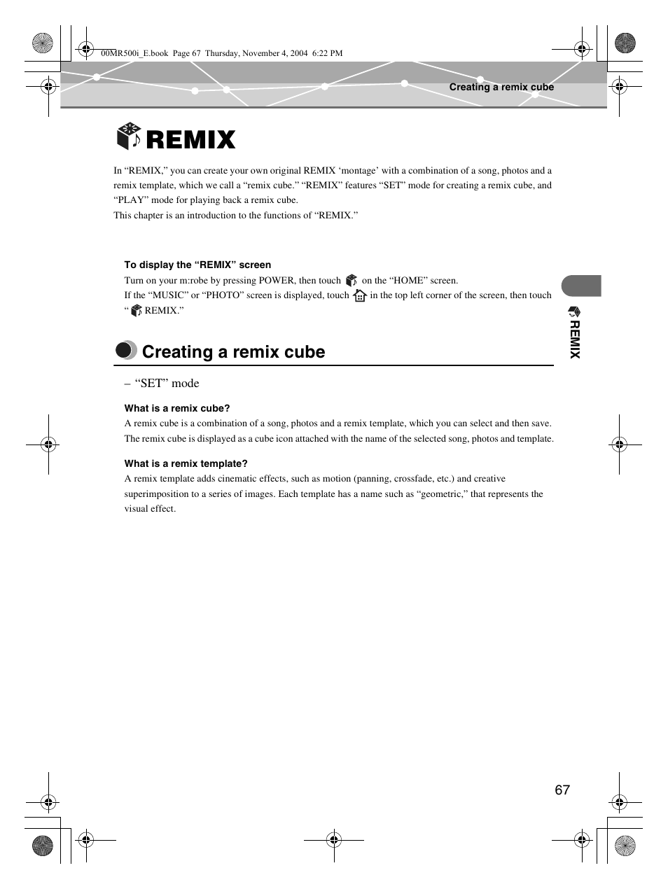 Remix, Creating a remix cube | Olympus MR-500i User Manual | Page 67 / 117