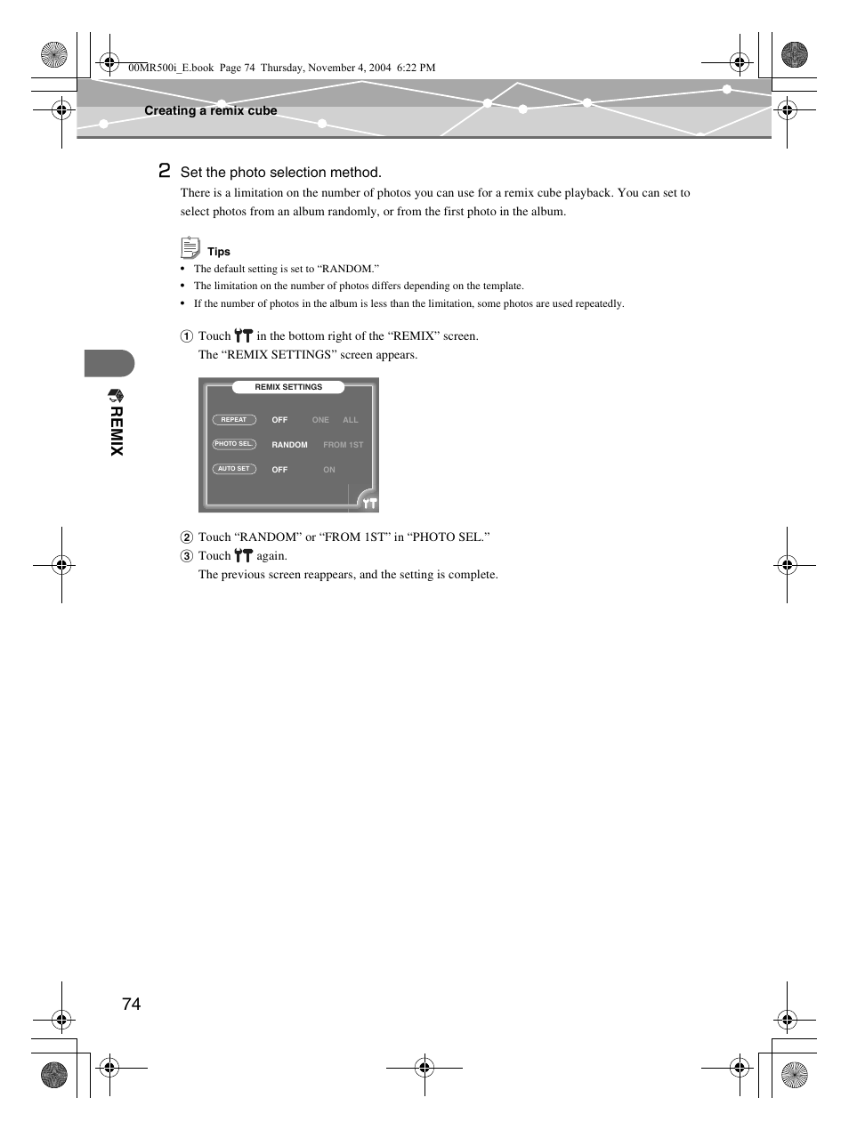 Re mi x, Set the photo selection method | Olympus MR-500i User Manual | Page 74 / 117