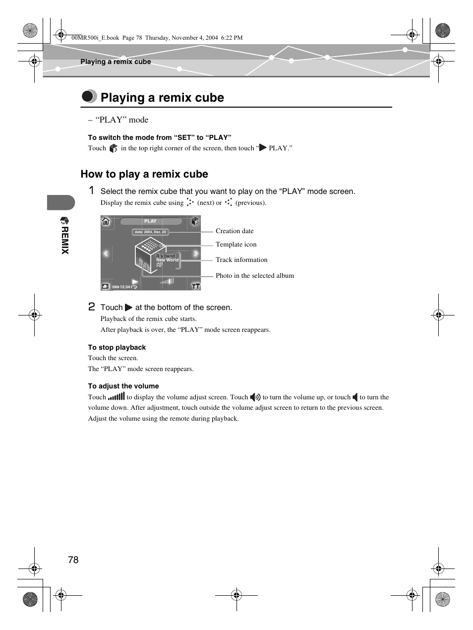 Playing a remix cube, How to play a remix cube, How to play a remix cube 1 | Olympus MR-500i User Manual | Page 78 / 117