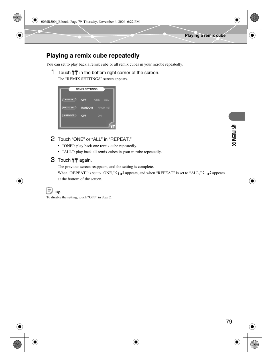 Playing a remix cube repeatedly, Re m ix | Olympus MR-500i User Manual | Page 79 / 117